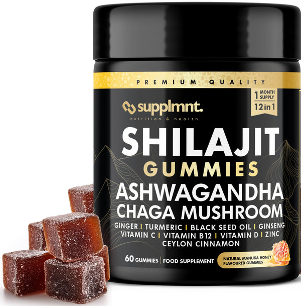 Supplmnt Shilajit Gummies with Ashwagandha, Chaga Mushroom, Ginger, Turmeric, Black Seed Oil, Ginseng, Vitamins C, B12, D, Zinc, Ceylon Cinnamon, 60 Gummies, 1 Months' Supply