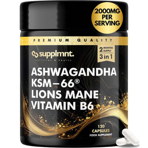 Roll over image to zoom in Ashwagandha KSM-66, Lions Mane & Vitamin B6 Capsules - High Strength 2000mg KSM-66 Ashwaghandha Root Extract & Lions Mane Mushroom with Vitamin B6 2-120 Vegan Capsules with Black Pepper - 2 Months