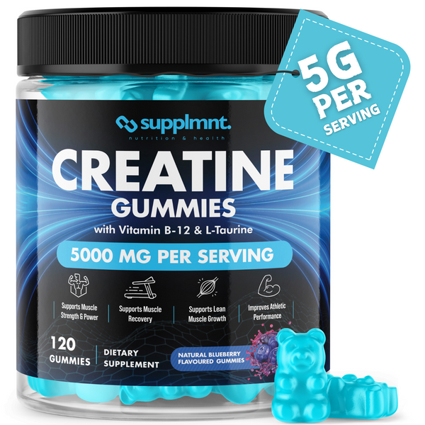 Creatine 120 Gummies Max 5000mg for Men and Women Creatine Monohydrate Plus B12 and L-Taurine - Chewable Gummies, Natural Blueberry Flavour (1 Month Supply)